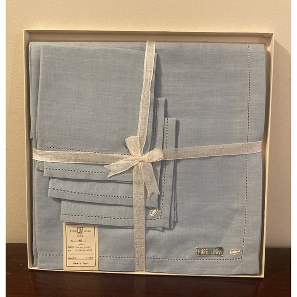 Vintage Japan Pure Linen Tablecloth Napkin Set Blue‎ NWT Original Box